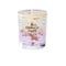 Bougie décorative en verre avec texte ’Romantic Times’ et motif tourbillonnant violet-or.