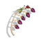 Broche décorative en forme de branche courbée avec des boutons de fleurs mauves et une petite coccinelle.