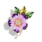 Broche fleur émaillée décorative avec des pétales violets, des feuilles vertes et un centre en cristal.