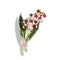 Broche décorative représentant des fleurs de muguet avec des fleurs rouges, des feuilles émaillées vertes et des accents en métal doré.