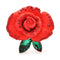 Broche en forme de rose rouge avec des accents en cristal et des feuilles en cristal vert.