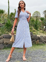 Robe Bleue Fleurie Mi-Longue - Vignette | Dame Fleur