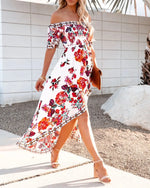 Robe Col Bateau Fleuri Rouge - Vignette | Dame Fleur