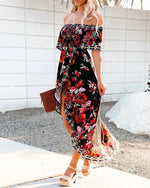 Robe Col Bateau Fleuri Rouge - Vignette | Dame Fleur