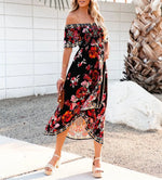 Robe Col Bateau Fleuri Rouge - Vignette | Dame Fleur