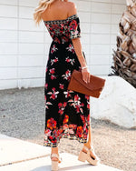 Robe Col Bateau Fleuri Rouge - Vignette | Dame Fleur