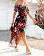 Robe Col Bateau Fleuri Rouge - Vignette | Dame Fleur