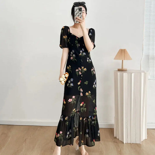 Robe Femme Fleurie Mousseline de Soie Rétro | Dame Fleur