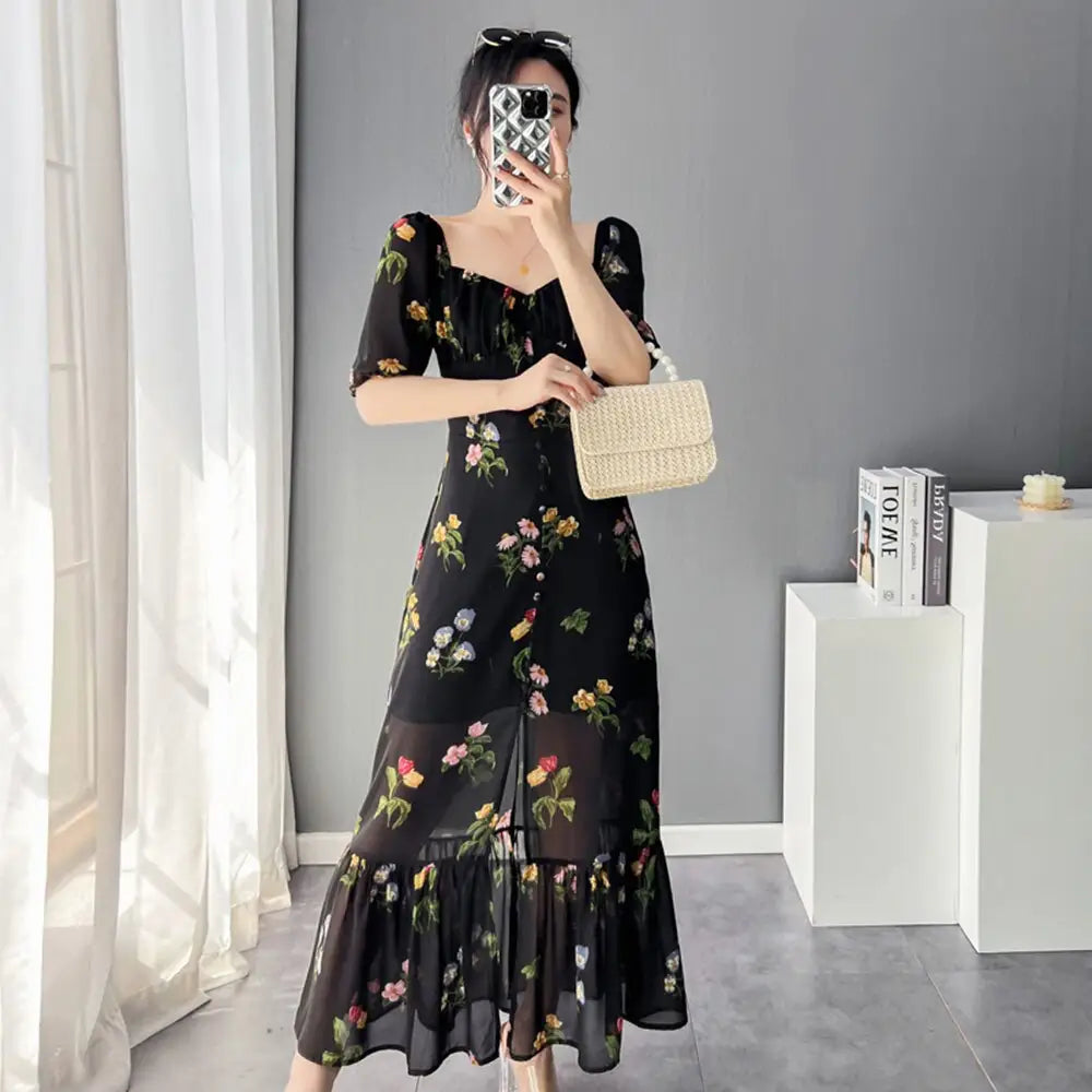 Robe Femme Fleurie Mousseline de Soie Rétro | Dame Fleur