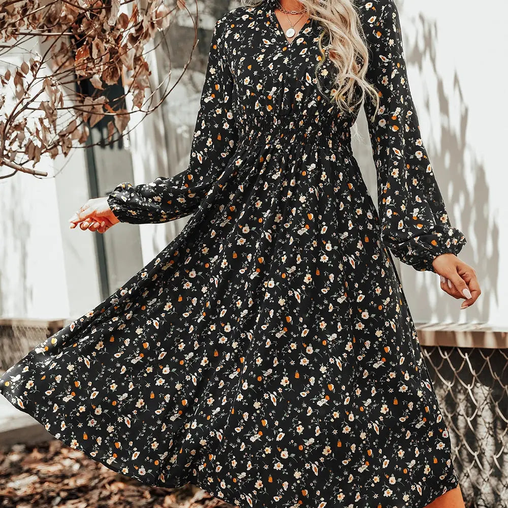 Robe Femme Noire avec Fleurs | Dame Fleur