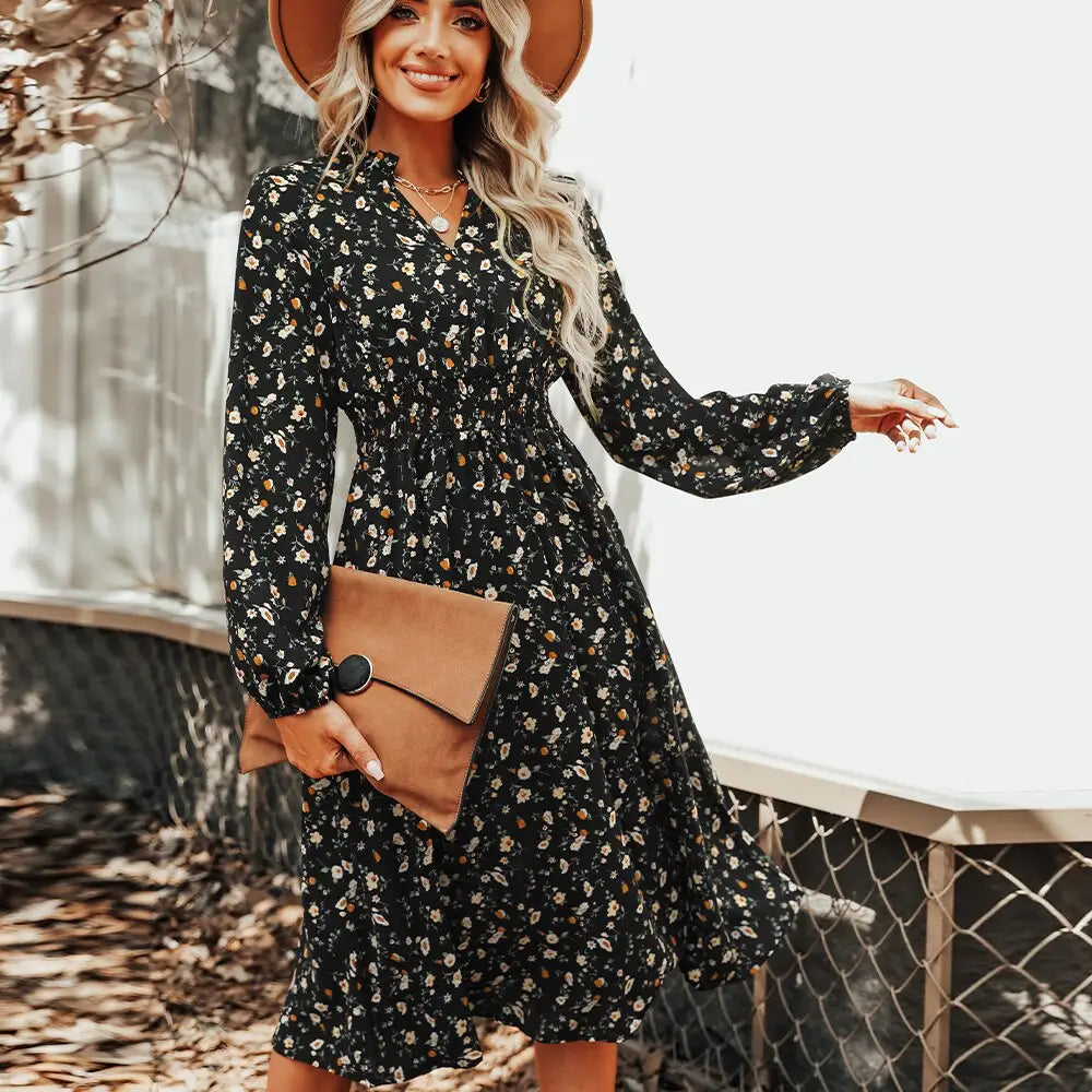 Robe Femme Noire avec Fleurs | Dame Fleur