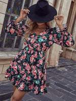 Robe Fleurie Courte Noire - Vignette | Dame Fleur