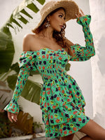 Robe Fleurie Verte Col Barbot - Vignette | Dame Fleur