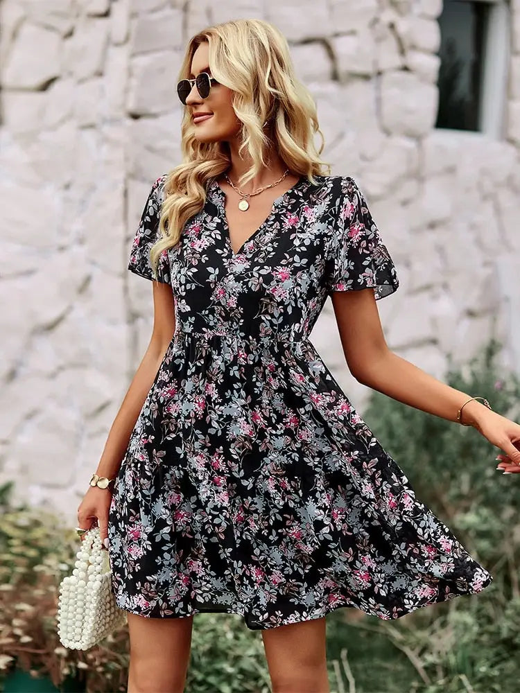 Robe Fleurs Femme Mi-Courte | Dame Fleur
