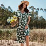 Robe Fluide Verte Fleurie Mi-Longue - Vignette | Dame Fleur