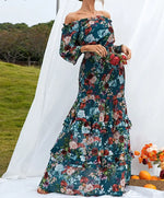 Robe Longue Fleurie Fluide Col Bateau - Vignette | Dame Fleur