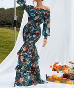 Robe Longue Fleurie Fluide Col Bateau - Vignette | Dame Fleur