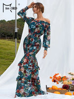 Robe Longue Fleurie Fluide Col Bateau - Vignette | Dame Fleur