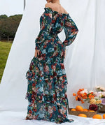 Robe Longue Fleurie Fluide Col Bateau - Vignette | Dame Fleur