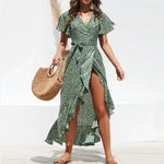 Robe Longue Verte Fleurs Blanches - Vignette | Dame Fleur