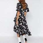 Robe Mi-Longue Noire Fleurie - Vignette | Dame Fleur