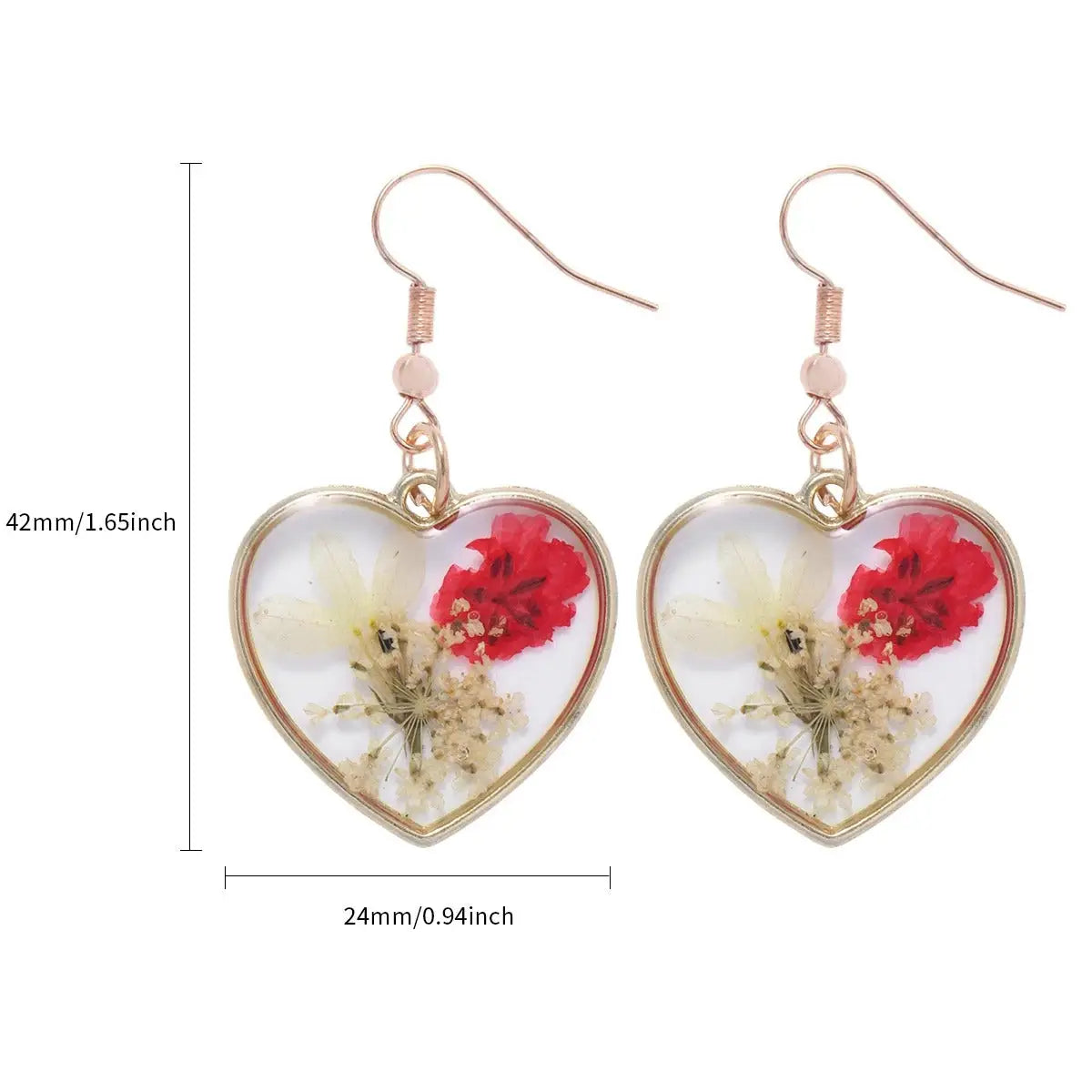 Boucles d’Oreilles Fleur Séchée Cœur Résine | Dame Fleur