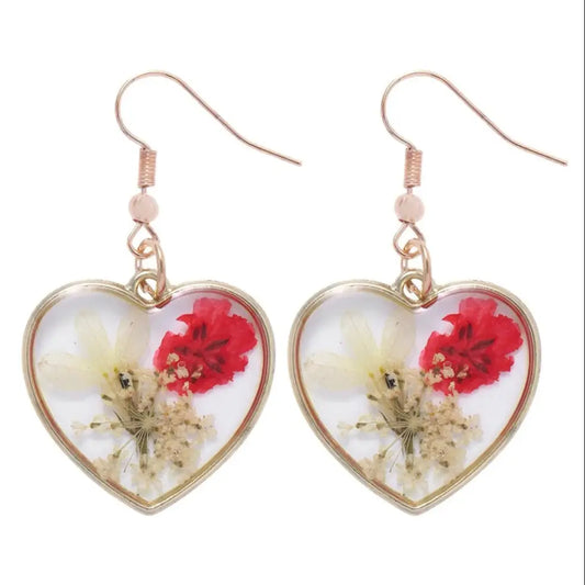 Boucles d’Oreilles Fleur Séchée Cœur Résine | Dame Fleur