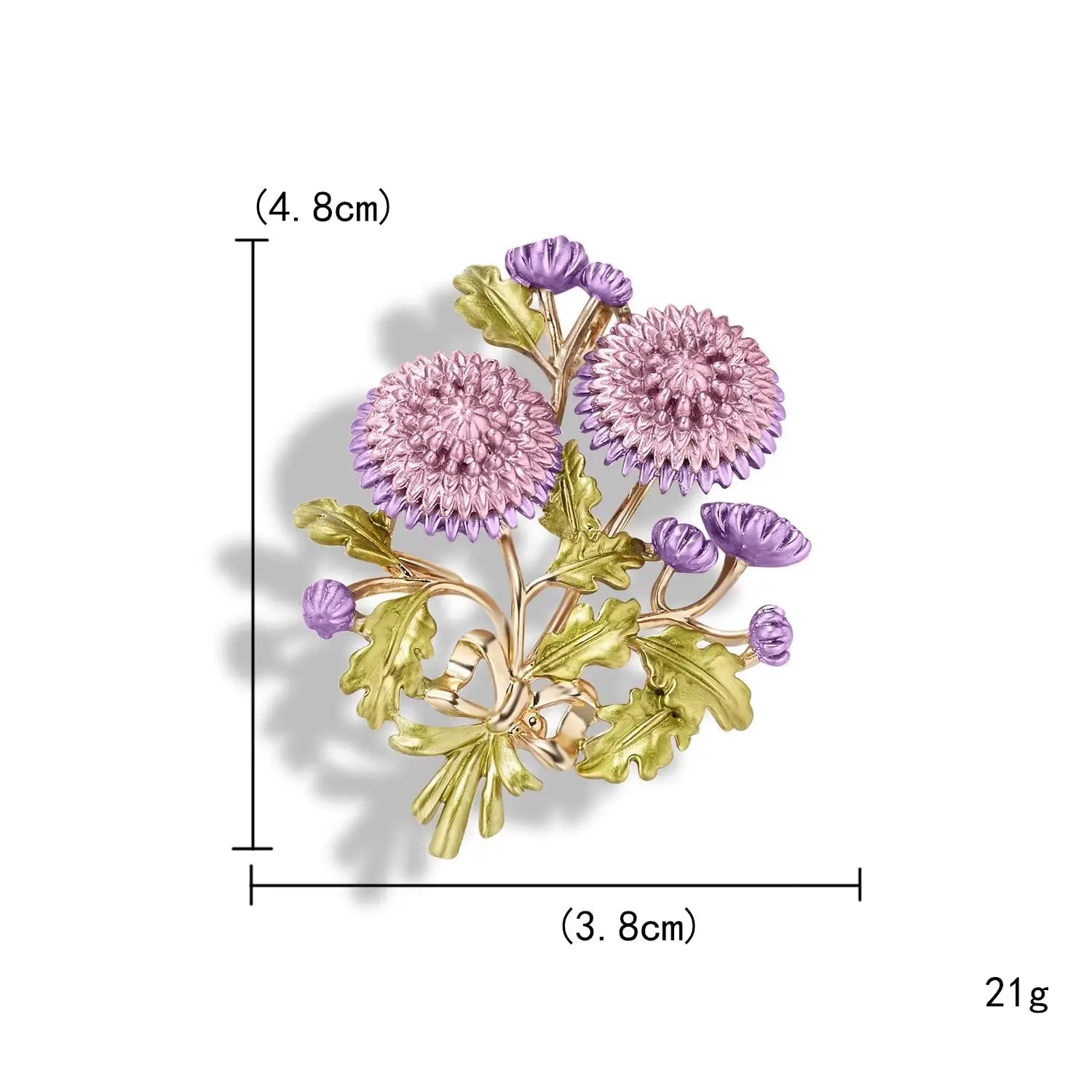Délicate broche florale rose et violette avec des feuilles et des tiges dorées.