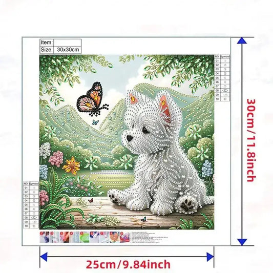 Mignon chiot Westie ou terrier blanc de dessin animé observant un papillon monarque.