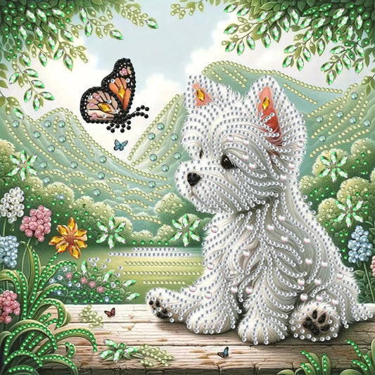 Chiot blanc rendu dans un style mosaïque étincelant.