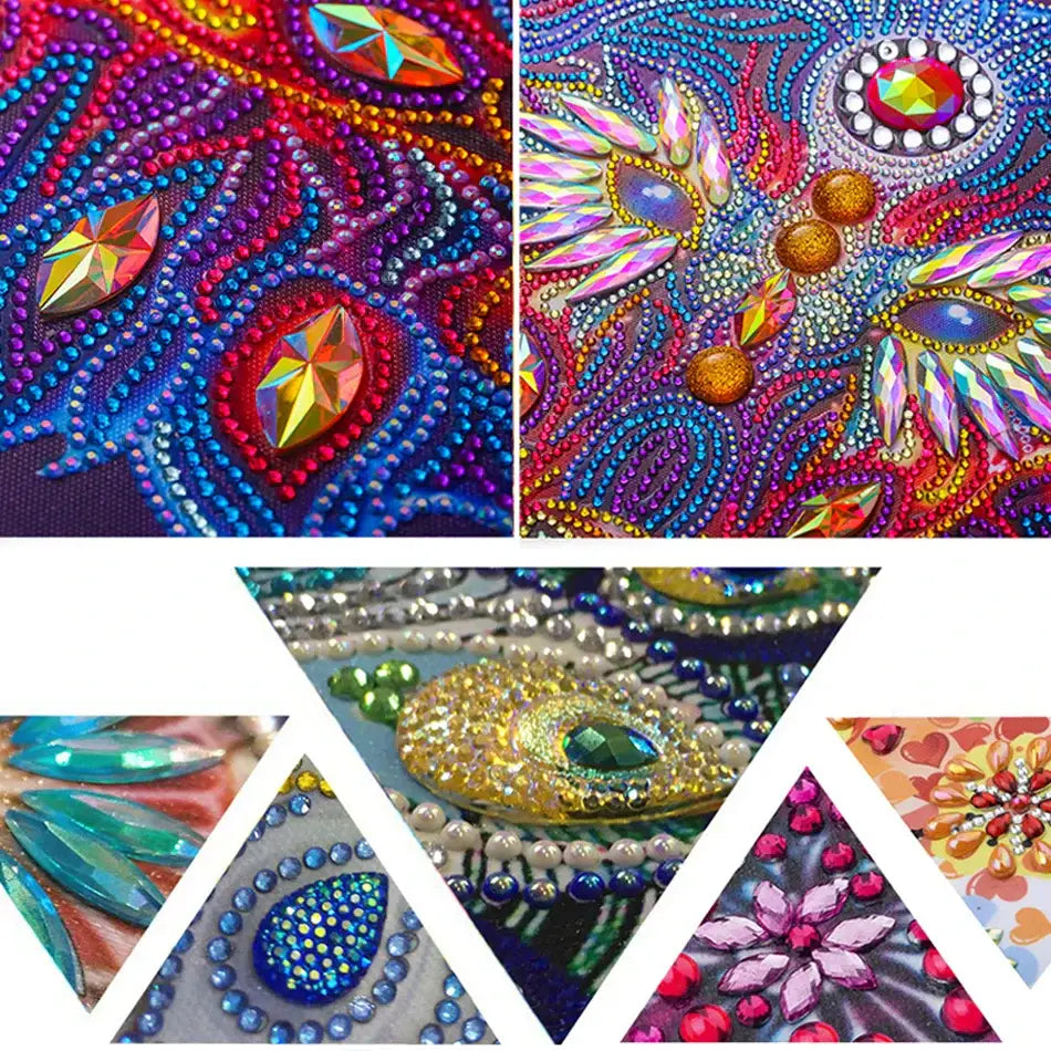 Motifs colorés de plumes de paon perlées avec motifs complexes et ornements de bijoux.