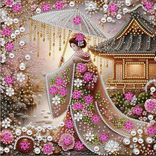 Parapluie japonais décoratif orné de fleurs de cerisier roses et de perles.