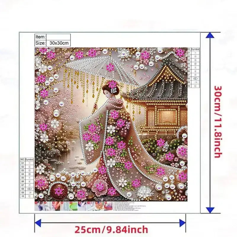 Peinture décorative en forme de diamant représentant un personnage vêtu d’un kimono au milieu de cerisiers roses en fleurs et d’une architecture japonaise traditionnelle.