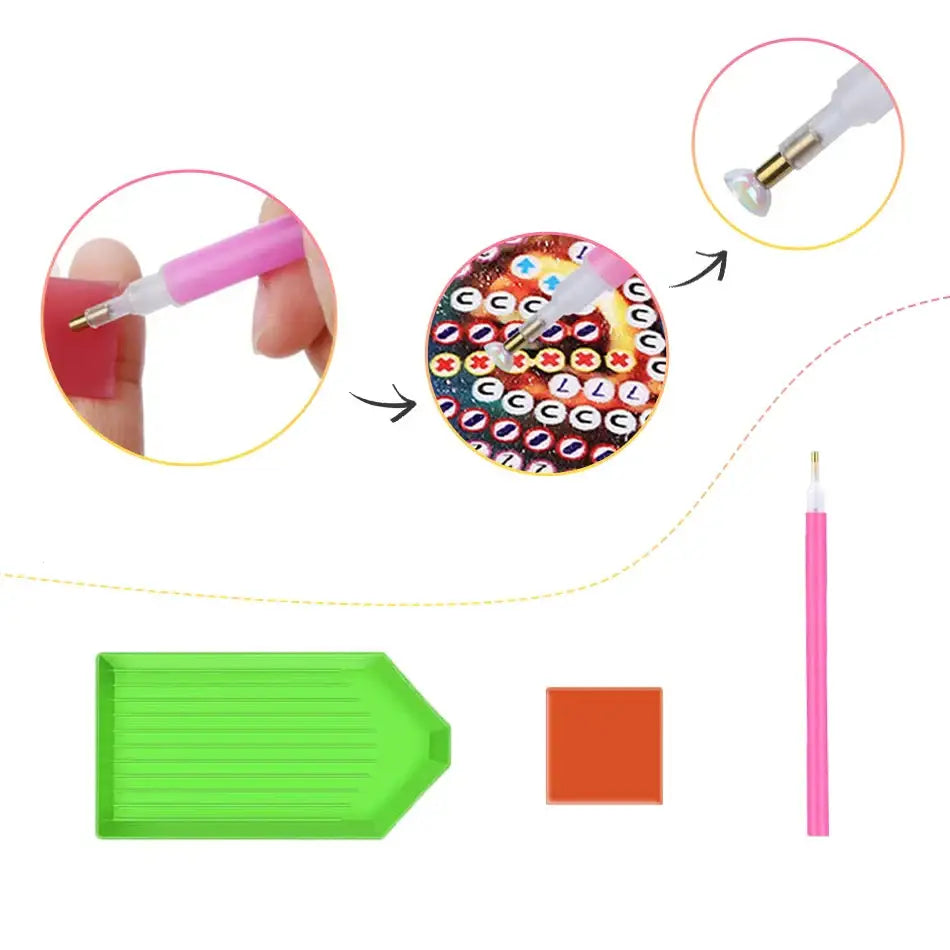 Outils et accessoires pour la peinture au diamant, y compris un stylo applicateur, un plateau et un tampon de cire.