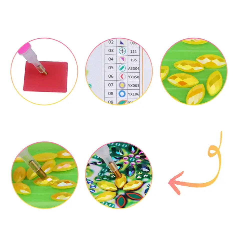 Ensemble d’icônes circulaires montrant les étapes d’un projet artisanal ou artistique.