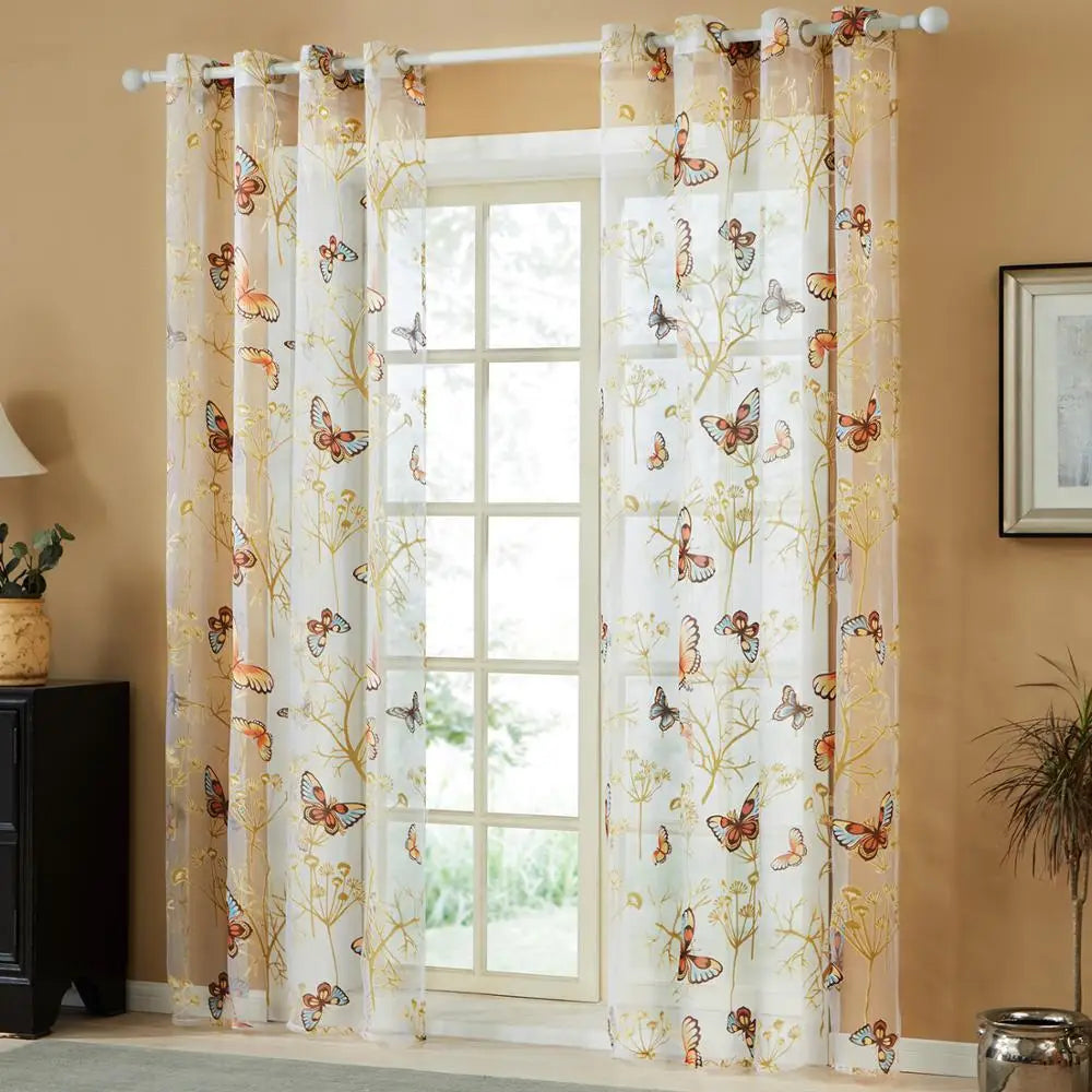 Double rideaux fleurs avec motifs papillons | Dame Fleur