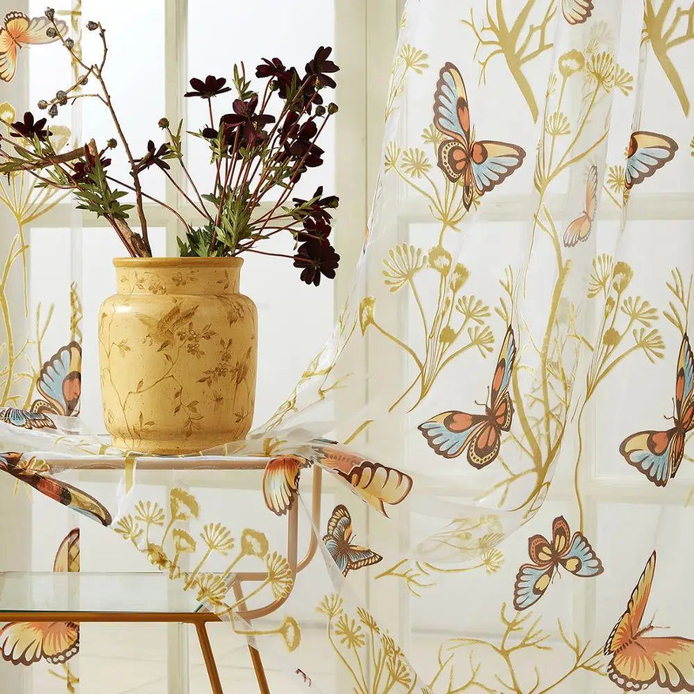 Double rideaux fleurs avec motifs papillons | Dame Fleur