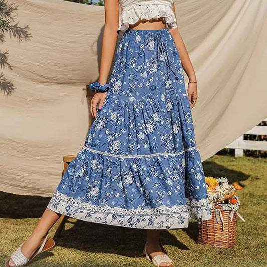 Jupe Longue Fleurie Bleu | Dame Fleur