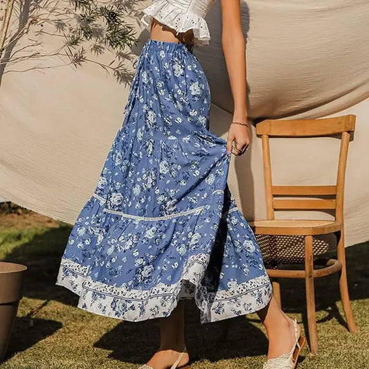 Jupe Longue Fleurie Bleu | Dame Fleur
