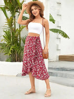 Jupe Midi Fleurie Rouge - Vignette | Dame Fleur