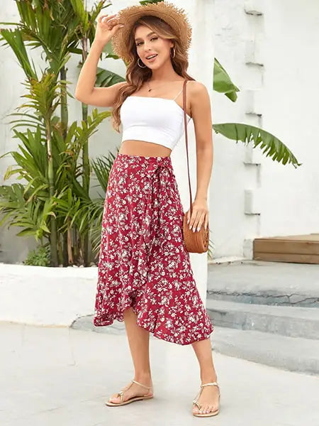 Jupe Midi Fleurie Rouge | Dame Fleur