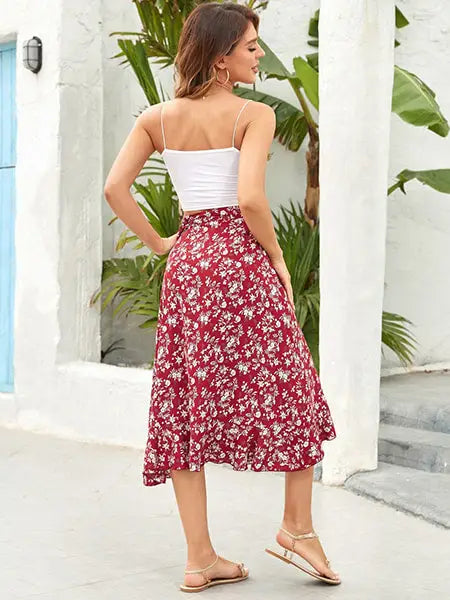 Jupe Midi Fleurie Rouge | Dame Fleur