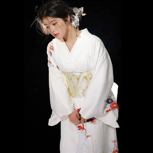 Kimono Japonais Traditionnel Blanc Fleuri | Dame Fleur