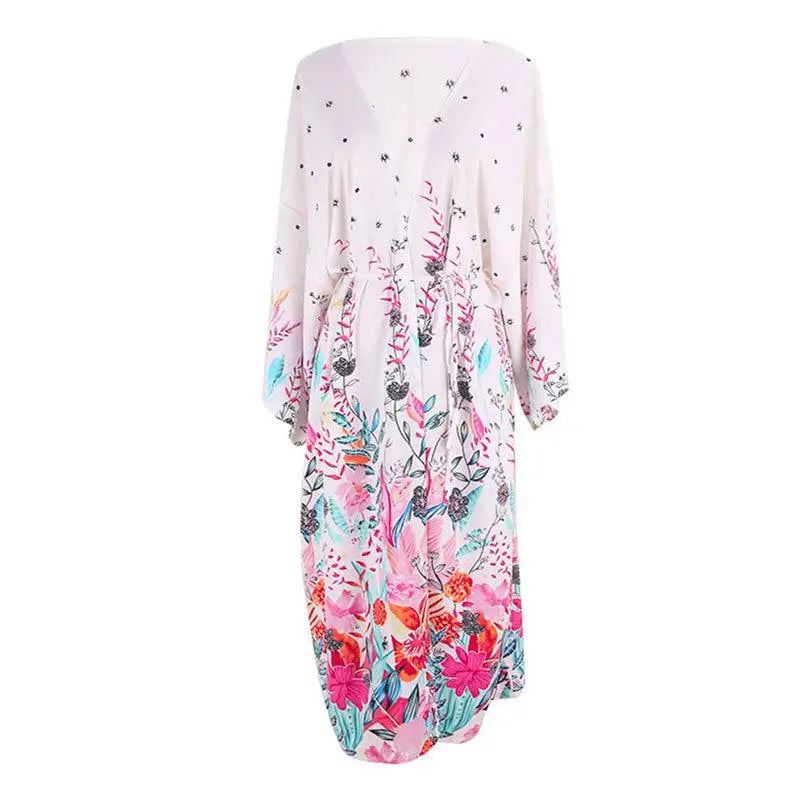 Kimono Long Blanc Fleuri | Dame Fleur