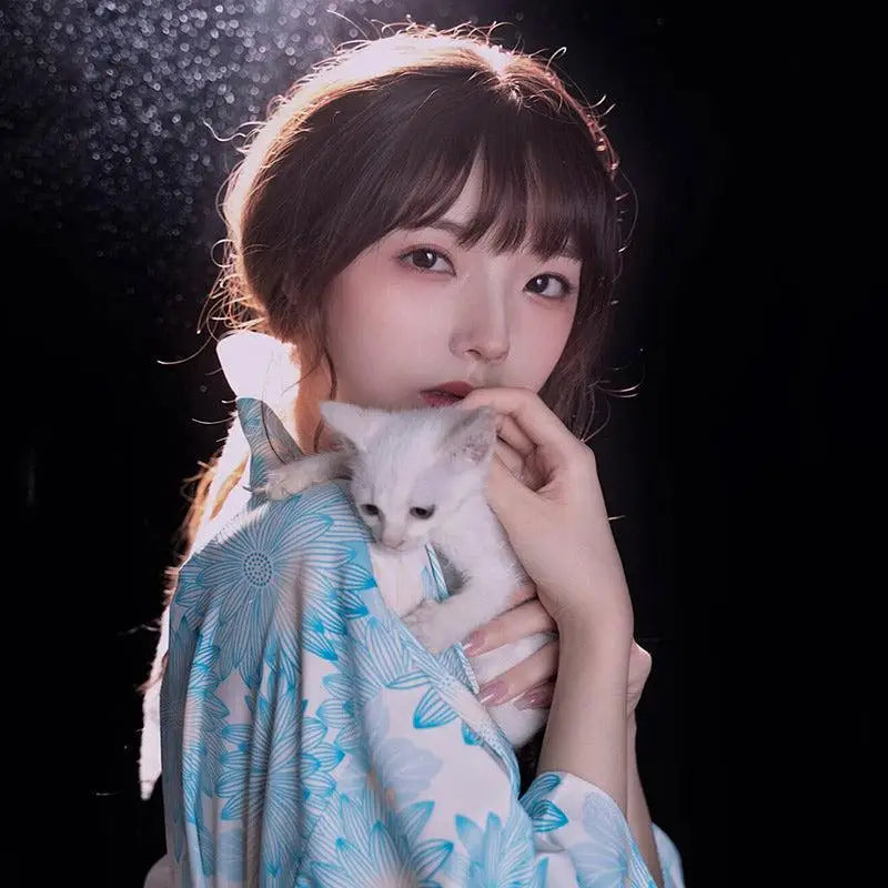 Kimono Long Bleu Fleuri Japonais | Dame Fleur
