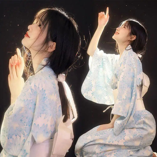 Kimono Long Bleu Fleuri Japonais | Dame Fleur