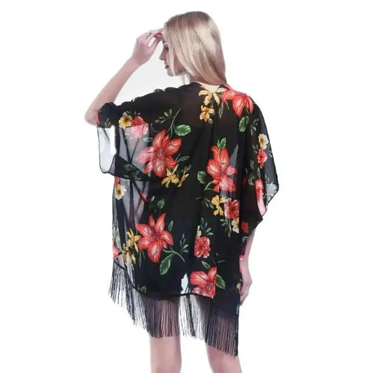 Kimono Mi Long Noir Fleuri | Dame Fleur