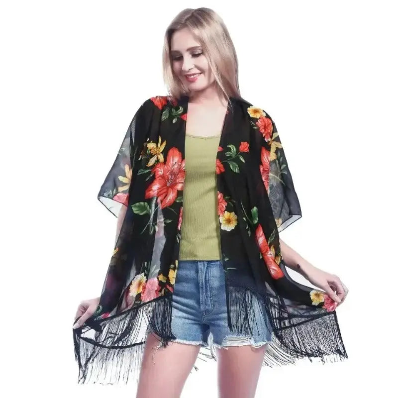 Kimono Mi Long Noir Fleuri | Dame Fleur