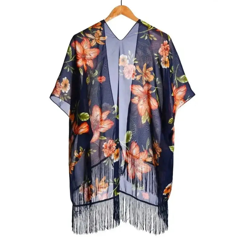 Kimono Mi Long Noir Fleuri | Dame Fleur