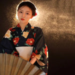 Kimono Traditionnel Noir Japonais Fleuri - Vignette | Dame Fleur